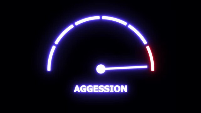 Dynamic neon aggression gauge meter animation featuring a glowing indicator needle moving towards maximum intensity levels for psychological, behavioral, and emotional data analysis concepts in