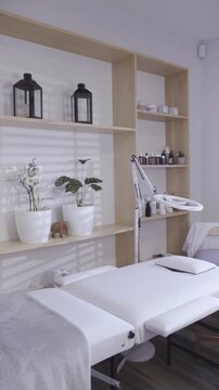 Empty esthetic treatment room bathed in soft natural light