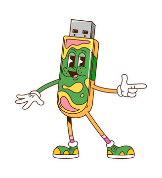 Computer flash memory stick and technology cartoon groovy character. PC electronics hippie personage, PC digital technology vector character. Computer flash memory stick device groovy hippie mascot