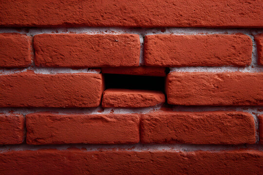 Close-up of a textured red brick wall with a single missing brick creating a dark gap, representing imperfection, secrets, or a missing piece in construction.