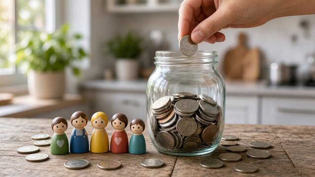 Family Savings Goal Concept with Wooden Figurines and Coins Placed in a Glass Jar
