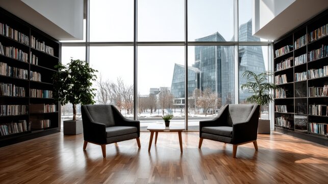 Modern Library Interior with Large Windows and Comfortable Seating