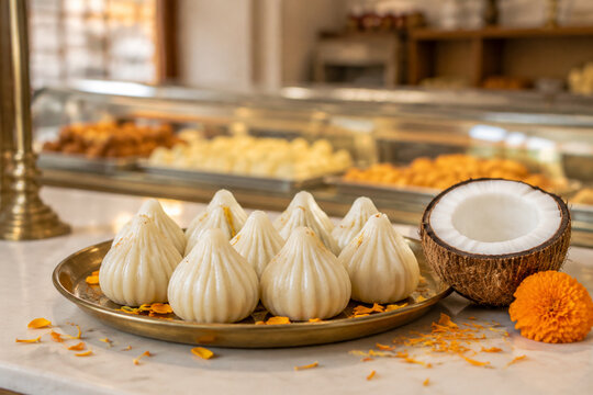 Modak on brass plate with marigold petals and coconut, bakery sweets presentation
