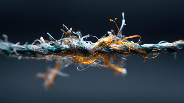 Close-up of a frayed and breaking colorful rope under tension against a dark background, symbolizing stress, risk, and being at a breaking point.