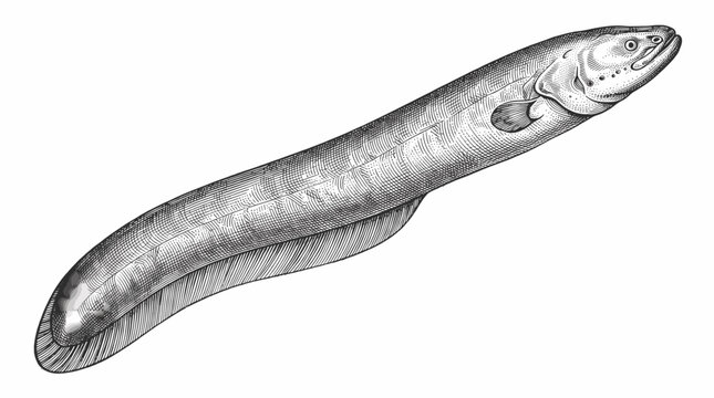 Detailed pencil sketch illustration of a river lamprey eel isolated on a pure white background
