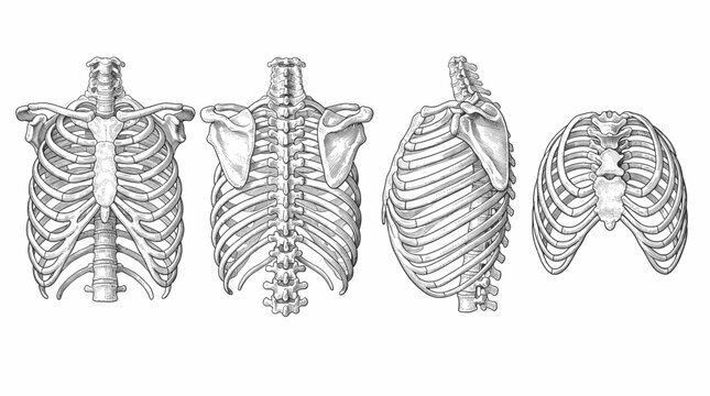 Detailed anatomical illustrations showing multiple views of the human rib cage and skeletal structure