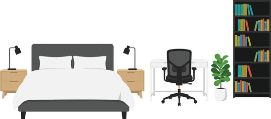 Modern bedroom and home office furniture set vector illustration with bed desk and bookshelf © moshaharul