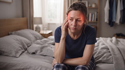 Fototapeta premium Woman experiencing severe headache and migraine pain at home
