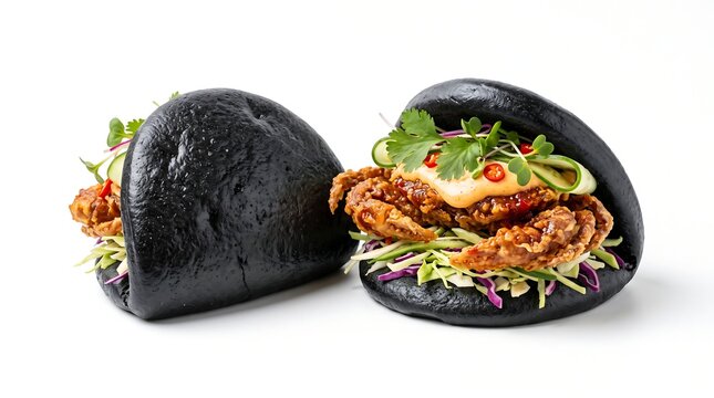 Two delicious black bao buns filled with crispy soft-shell crab, fresh slaw, and a creamy sauce, garnished with cilantro and chili.