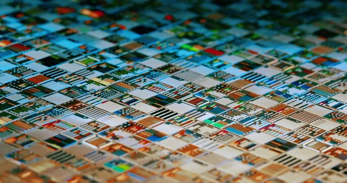 Silicon semiconductor wafer with integrated circuit die mosaic pattern.