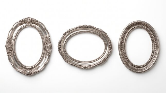Vintage silver oval picture frames set, ornate antique metallic photo borders on white background. Elegant baroque style gallery collection for wedding portraits and classic interior decor.