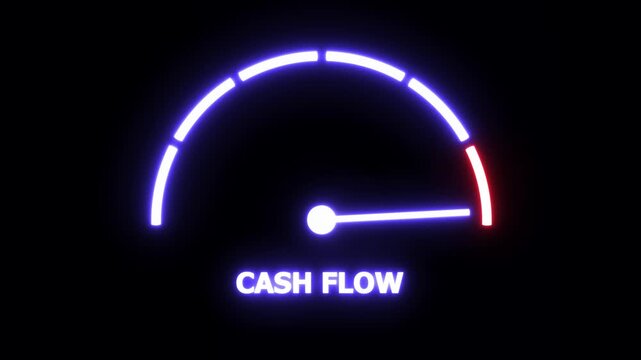 Dynamic neon cash flow gauge animation representing financial growth, business revenue optimization, economic performance metrics, and increasing profitability indicators for corporate data