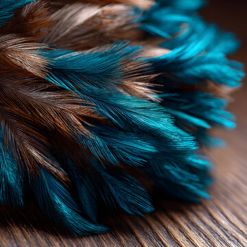 Macro shot of soft turquoise and copper brown feathers on a rustic wooden surface, showcasing elegant textures and vibrant complementary colors.