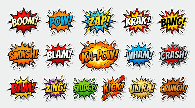 A vibrant collection of comic book style sound effect speech bubbles and explosion graphics, featuring various onomatopoeia like BOOM, POW, ZAP, and CRASH, perfect for action-packed designs.