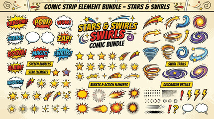 A comprehensive bundle of comic strip elements featuring speech bubbles, stars, swirls, explosions, and various action effects for graphic design projects. © kuah