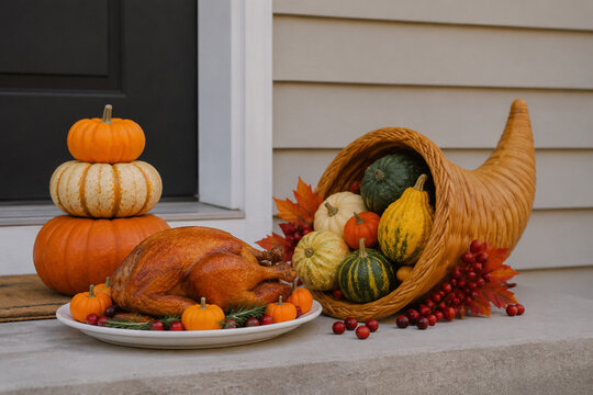 Outdoor doorstep with mini pumpkins, turkey platter, cornucopia, harvest display
