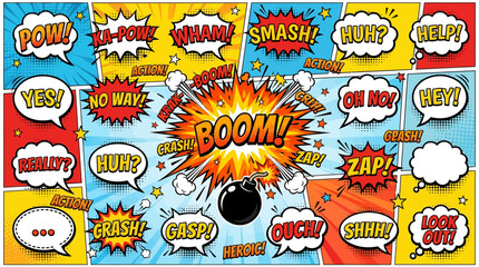 Vibrant comic book style background with various speech bubbles, sound effects like BOOM, POW, and SMASH, and a central bomb explosion. © kuah
