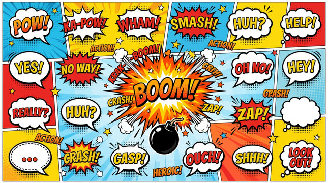 Vibrant comic book style background with various speech bubbles, sound effects like BOOM, POW, and SMASH, and a central bomb explosion.