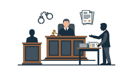 Fototapeta premium Minimalist of Courtroom Scene with Judge Lawyer Defendant and Legal Symbols in Black White and Gray