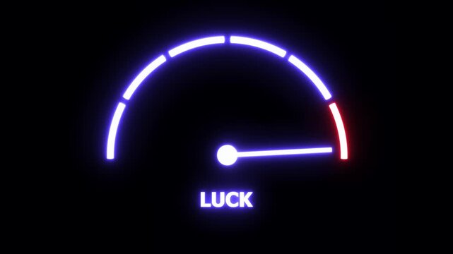 Animated neon luck gauge meter rising to maximum level, glowing digital indicator measuring fortune and probability, high-energy success concept for gaming, gambling, and motivational media