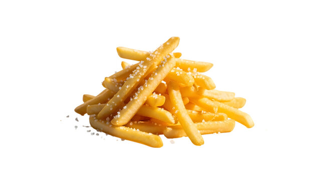 A delectable pile of golden crispy french fries seasoned with salt beautifully isolated on transparent background