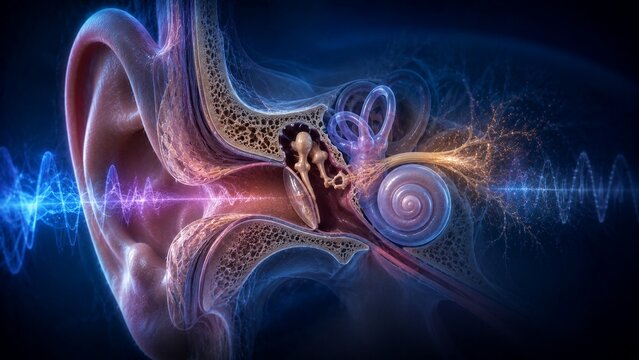 Detailed Medical Illustration of Human Ear Anatomy with Sound Wave Frequencies and Auditory Nerve Processing