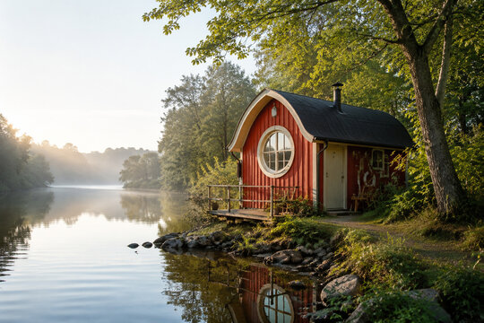 A small red wooden cabin with a circular window by a serene river at dawn.