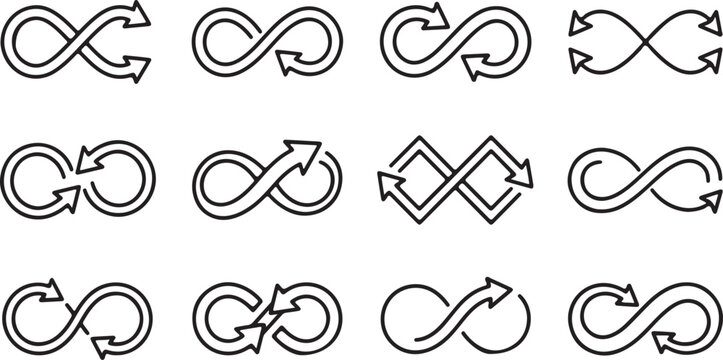 Black-and-white infinity symbol variations with directional arrows and looped geometric patterns in minimalist style.