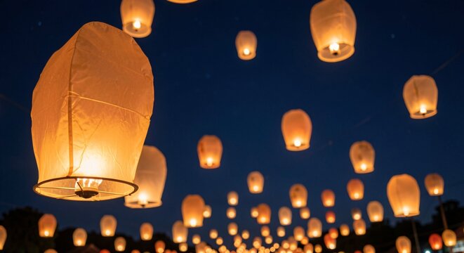 Glowing Traditional Sky Lanterns Floating