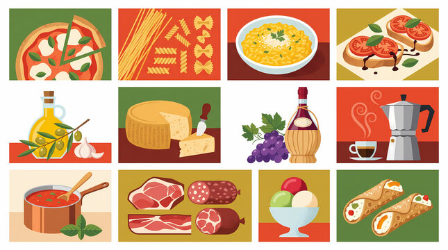 Italian Cuisine and Traditional Culinary Food Flat Vector Illustration Set with Pizza, Pasta, Gelato, Wine, and Charcuterie