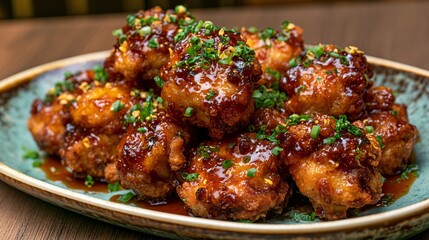 Fototapeta premium Honey butter crispy fried chicken coated in glossy sweet butter glaze served on handcrafted stoneware