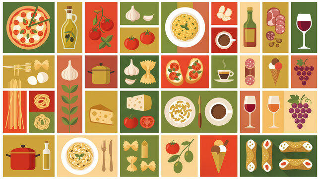 Italian Traditional Cuisine and Cooking Ingredients Flat Vector Illustration Set with Pizza, Pasta, Gelato, Wine, and Charcuterie