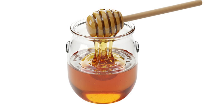 A delectable close up of golden honey in a glass jar with a dipper isolated on transparent background