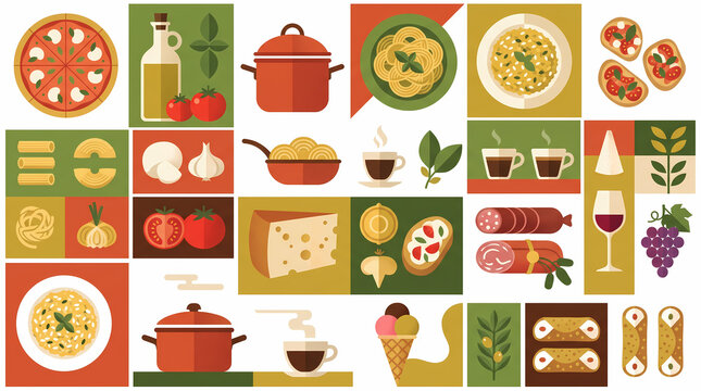 Italian Cuisine and Culinary Food Culture Flat Vector Illustration Set with Pizza, Pasta, Risotto, Wine, and Gelato