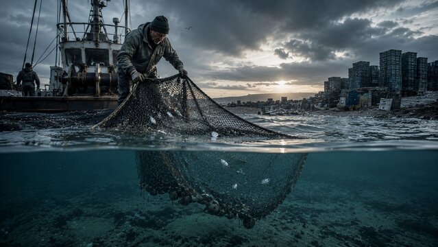 Cinematic Split-View of a Fisherman Hauling a Trawl Net Full of Fish in a Coastal Harbor at Sunset