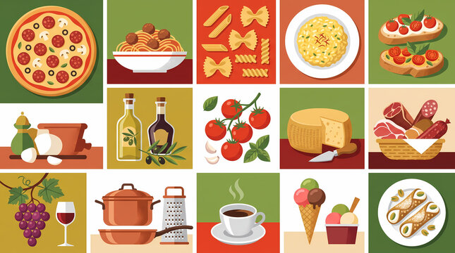 Italian Cuisine and Culinary Food Culture Flat Vector Illustration Set with Pizza, Pasta, Gelato, and Wine