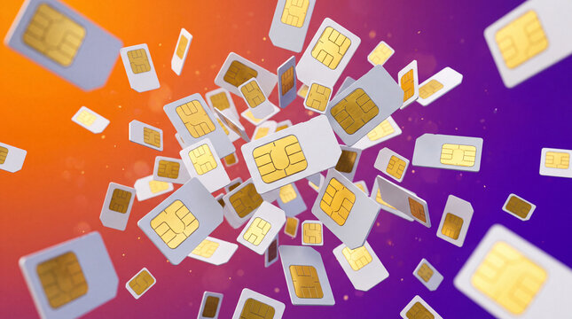 A dynamic 3D explosion of sleek blank SIM cards of various sizes (standard, micro, nano).