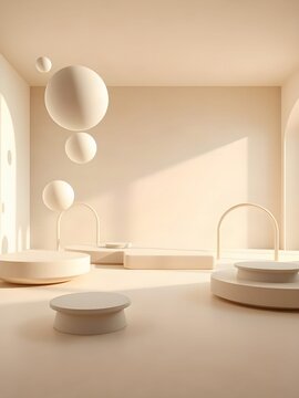 Minimalist Floating Ivory Geometric Forms in Soft Architectural Space