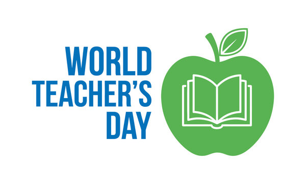 World Teacher's Day typography vector design with green apple and open book illustration