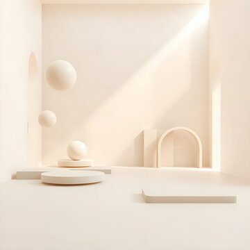 Minimalist Floating Ivory Geometric Forms in Soft Architectural Space