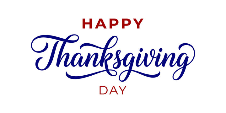 Happy Thanksgiving Day typography vector design with blue script and red lettering