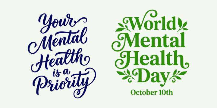Mental health typography vector design set with blue script and green decorative lettering