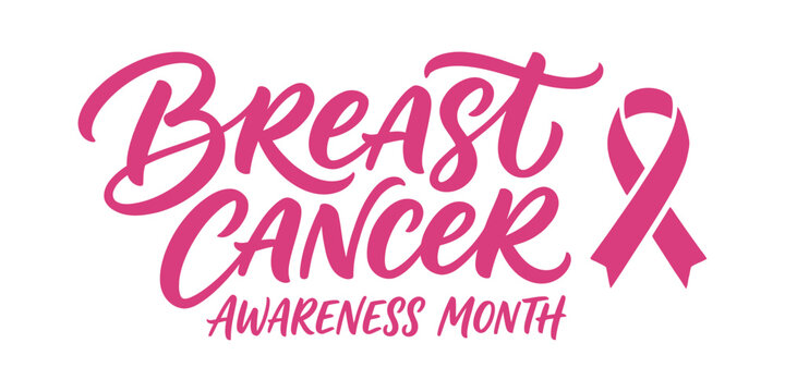 Breast Cancer Awareness Month vector design with pink script lettering and ribbon symbol