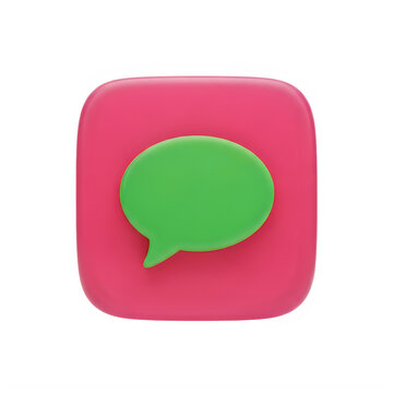 Green speech bubble icon on a pink square button 3d render