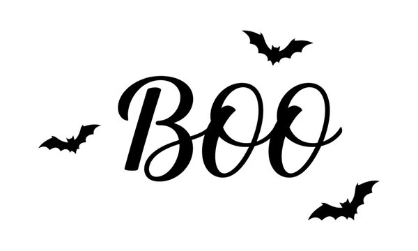 Boo typography vector design with black script lettering and flying bats for halloween