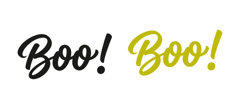 Boo typography vector design set in black and yellow script lettering for halloween