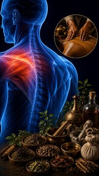 Ayurvedic Muscle Pain Relief: Anatomical Body Illustration with Traditional Herbal Medicine and Massage Therapy