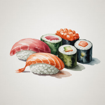 Watercolor painting of assorted sushi rolls and nigiri with salmon and tuna