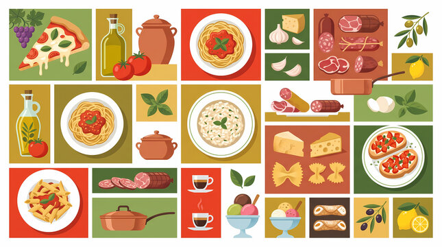 Italian Traditional Cuisine and Food Ingredients Flat Vector Illustration Set with Pizza, Pasta, Gelato, and Charcuterie