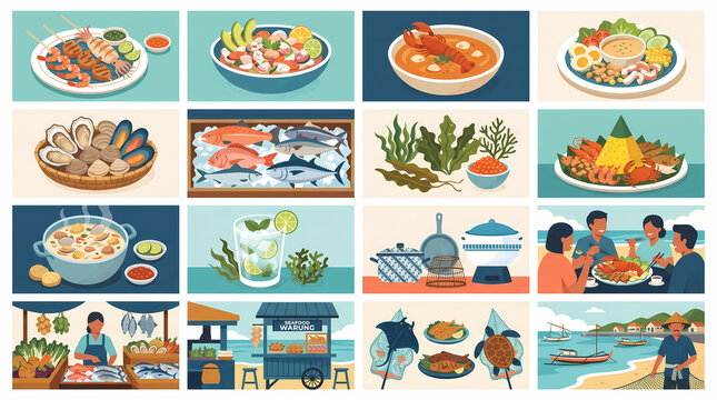 Asian Seafood and Coastal Culinary Culture Flat Vector Illustration Set with Fish Market, Lobster Soup, and Beach Dining